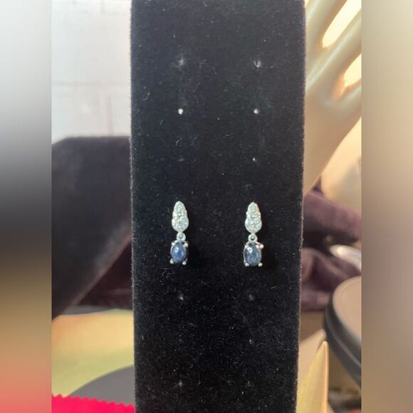 Blue Star Sapphire & Natural White Zircon Dangle Earrings Platinum / Sterling - Picture 7 of 9